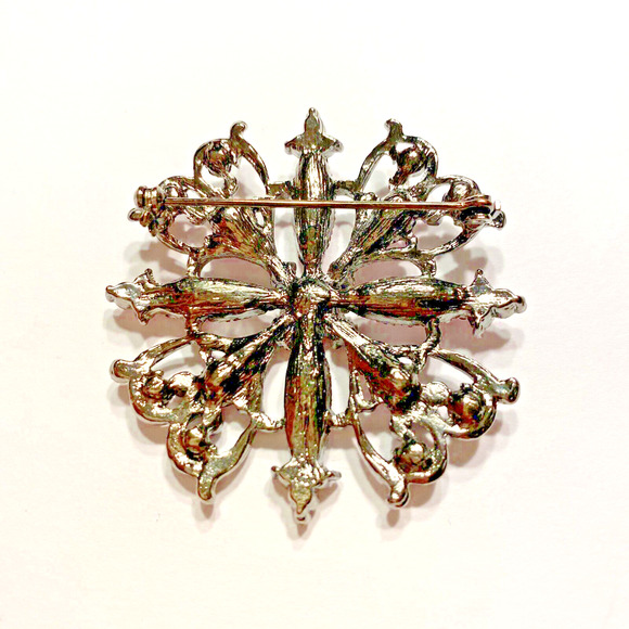 Vintage Inspired Silvertone & Pink Rhinestone Brooch Romantic Edwardian Look - Picture 2 of 5